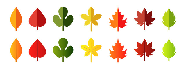 日本の紅葉、秋の楓の落ち葉、緑の葉っぱの立体的なベクターアイコンイラスト素材セット