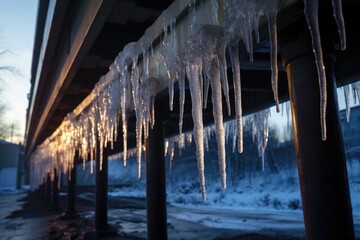 icicles hanging from a pedestrian bridge - obrazy, fototapety, plakaty