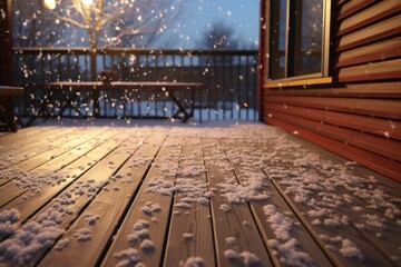 tiny bird tracks in the snow on a wooden deck - obrazy, fototapety, plakaty