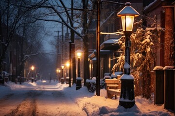 Fototapeta na wymiar a lantern light post in a snow-filled street