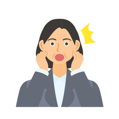 両手をあげて驚く中年女性会社員。フラットなベクターイラスト。A middle-aged female office worker raising both hands in surprise. Flat designed vector illustration.