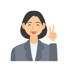 Fototapeta na wymiar ピースサインをする中年女性会社員。フラットなベクターイラスト。 A middle-aged female office worker making a peace sign. Flat designed vector illustration.