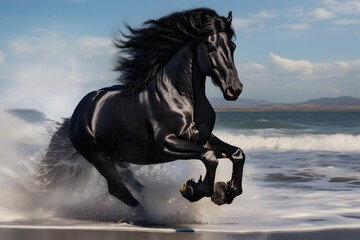 Black horse galloping through the sand on the beach