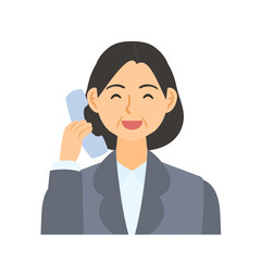 受話器で電話する中年女性会社員。フラットなベクターイラスト。 A middle-aged female office worker talking on the receiver of a telephone. Flat designed vector illustration.