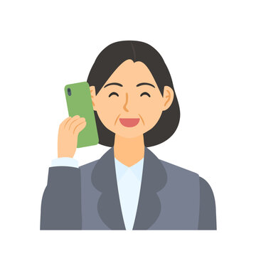 スマートフォンで電話する中年女性会社員。フラットなベクターイラスト。 A middle-aged female office worker making a phone call on a smartphone. Flat designed vector illustration.