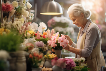 old woman arranges flowers in a flower shop
