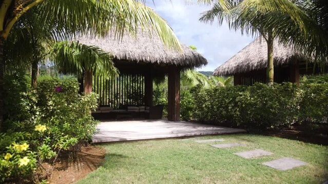 Static wide shot of Indigenous hut made by the Kalinago Barana Aute pre- Colombus building