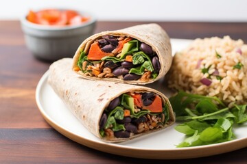 vegan wrap with black beans, brown rice, and vegetables