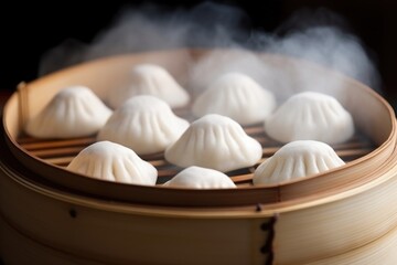 close up of freshly steamed dumplings in a bamboo basket