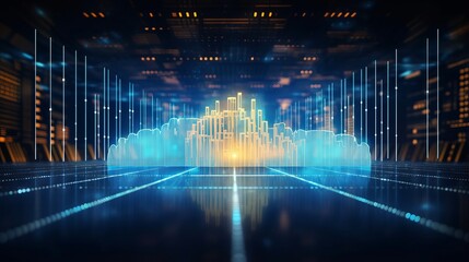 Digital Information Technology: Futuristic Hologram with Cloud Icon, Blue-Golden Light Digits, and Code Background. Cloud Computing Abstract Motion and Data Flow Concept