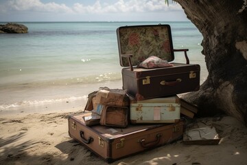 Unpacked luggage on paradise shore. Generative AI