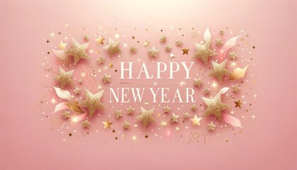 2024 brings a burst of joy with a rosy hue, twinkling stars, and blooming flowers to celebrate the new year ahead happy new year 2024 text - obrazy, fototapety, plakaty