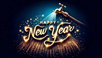 Amidst the glimmering gold text, a joyous new year unfolds with cascading sparks of fireworks, lighting up the wild night sky in 2024