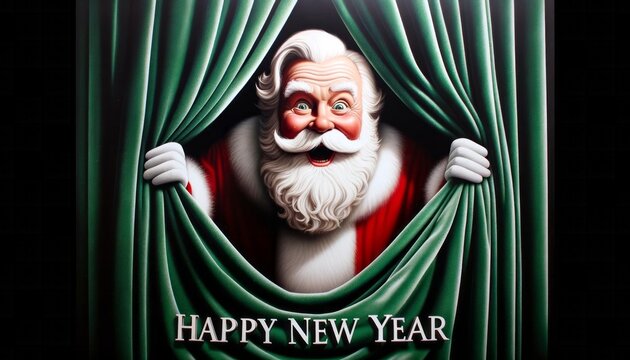 In the year 2024, a jubilant santa claus ushers in a new era as he pulls back the indoor curtain, revealing a message of hope and joy for the happy new year ahead