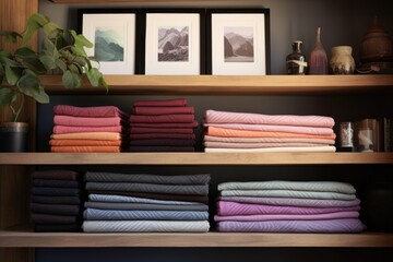 framed image of folded yoga blankets on a shelf