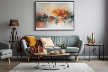 Relaxed room with sofa, decor, table, artwork. Generative AI