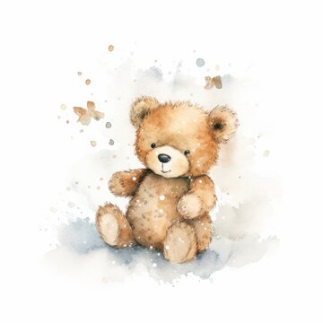 Watercolor teddy bear playing in the snow, single, white background. AI generated