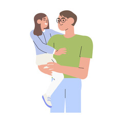 Obraz premium Happy father and daughter meeting hugging and spend time together. Cute family scene. Kid sit on daddy arms. Flat vector cartoon illustration isolated on white background. Happy Fathers Day.