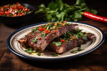bbq beef ribs served with crispy chilli pepper and coriander