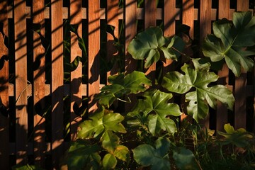 Foliage on fence with leaf shadows against green and brown backdrop. Generative AI