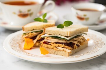 oolong marinated turkey sandwich on a white porcelain dish