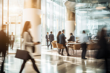 Office Space Commercial Background, Modern Interior, Blurred People Walking, Professional Workspace, Corporate Team, Daylight Setting, Business Environment, Lounge, Lobby, Generative AI. - obrazy, fototapety, plakaty