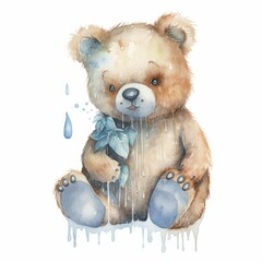 Watercolor teddy bear with a cluster of icicles, single, white background. AI generated