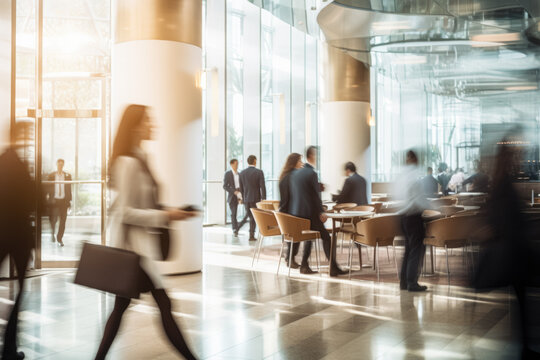 Office Space Commercial Background, Modern Interior, Blurred People Walking, Professional Workspace, Corporate Team, Daylight Setting, Business Environment, Lounge, Lobby, Generative AI.