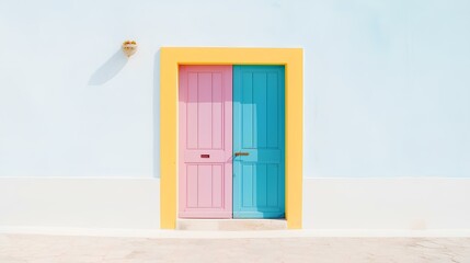 A vibrant and colorful door set amidst a white-washed building, standing out as a testament to contemporary design aesthetics. copy space. generative AI