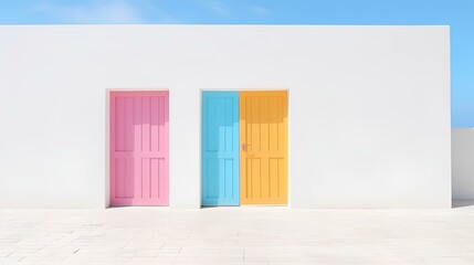 A vibrant and colorful door set amidst a white-washed building, standing out as a testament to contemporary design aesthetics. copy space. generative AI