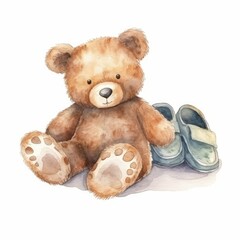Watercolor teddy bear with a pair of slippers, single, white background. AI generated