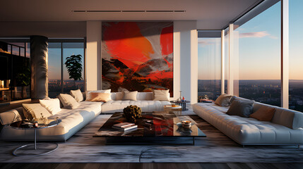 The modern luxury of a high-rise penthouse apartment with a stunning view of the city skyline - obrazy, fototapety, plakaty
