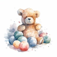 Watercolor teddy bear with a pile of snowballs, single, white background. AI generated