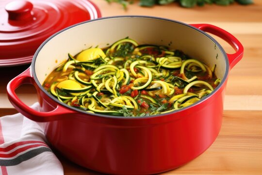 zoodles simmering in a red pot with seasonings