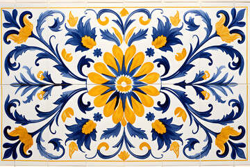 Rustic blue tile watercolor seamless pattern. Pattern of azulejos tiles  - obrazy, fototapety, plakaty