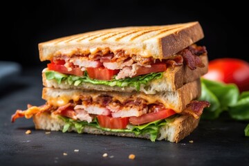 a bacon, lettuce, and tomato toasted sandwich on a gray slate - Powered by Adobe