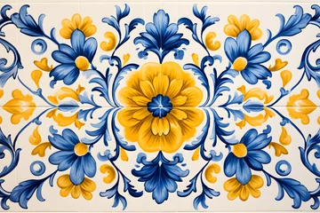 Foto op Canvas Rustic blue tile watercolor seamless pattern. Pattern of azulejos tiles  © Oksana