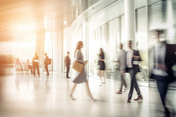 Office Space Commercial Background, Modern Interior, Blurred People Walking, Professional Workspace, Corporate Team, Daylight Setting, Business Environment, Lounge, Lobby, Generative AI.