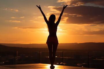 Silhouette - yoga girl is practicing on the rooftop while sunset. AI generative
