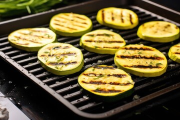 fresh zucchini slices with grill marks on a steel tray