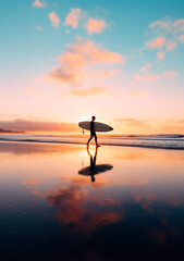 Surfer's Reflection on Beach at Dusk with Fluffy Clouds & Golden Light - Celebrating Moments of Solitude & Peace. Copy Space.