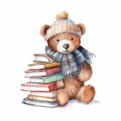 Watercolor teddy bear with a stack of winter-themed books, white background. AI generated