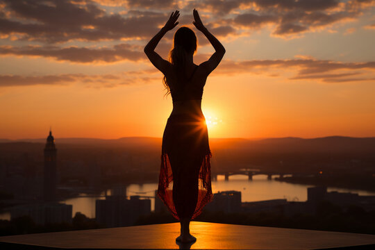 Silhouette - yoga girl is practicing on the rooftop while sunset. AI generative