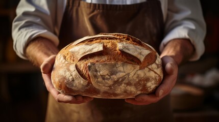 Bakery food photography background - Closeup of baker holding a sourdough bread with crispy crus - obrazy, fototapety, plakaty
