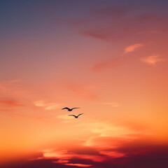 Fototapeta premium Fiery Backdrop Sunset with Birds (Seagulls) Silhouetted & Soaring - Depicting Timeless Beauty & Nature's Calm - Copy Space.