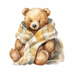 Watercolor teddy bear with a warm quilted blanket, single, white background. AI generated