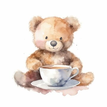 Watercolor teddy bear with a warm cup of tea, single, white background. AI generated