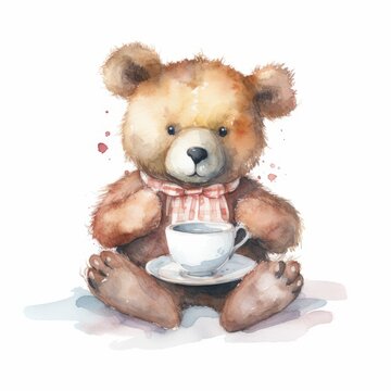 Watercolor teddy bear with a warm cup of tea, single, white background. AI generated
