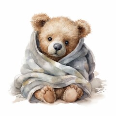 Watercolor teddy bear with a warm quilted blanket, single, white background. AI generated - obrazy, fototapety, plakaty