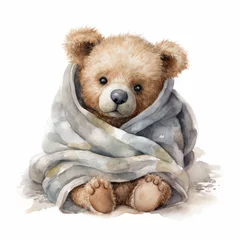 Fotobehang Watercolor teddy bear with a warm quilted blanket, single, white background. AI generated © PandaStockArt